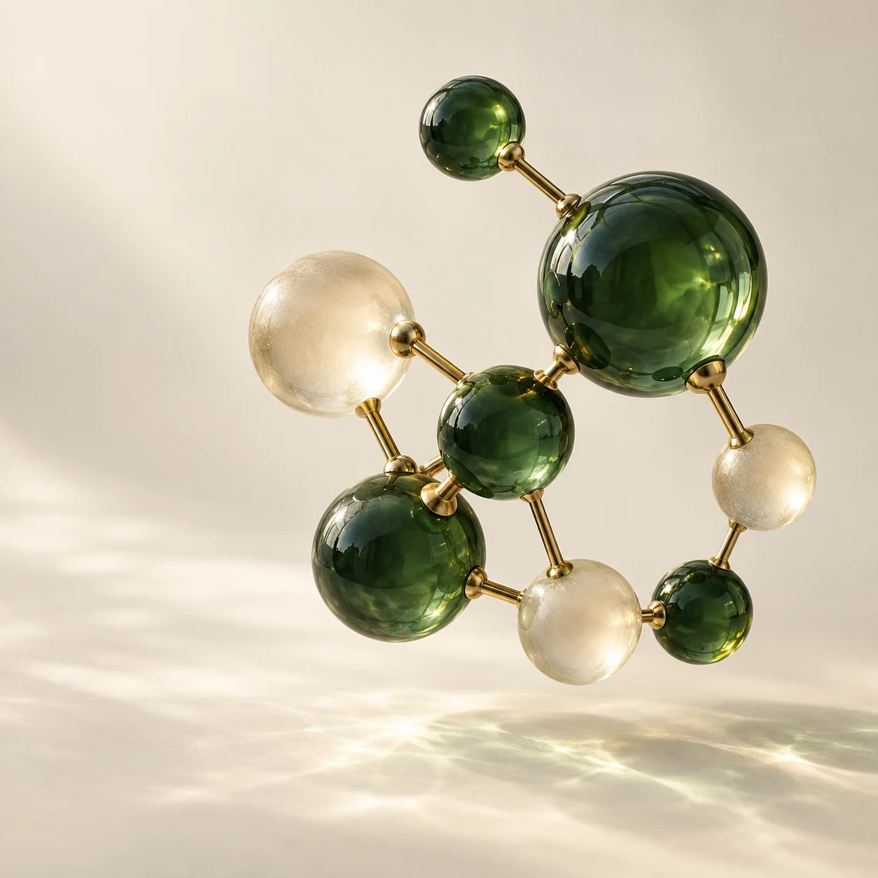 Conceptual sculpture of green and champagne glass molecular spheres connected by gold rods